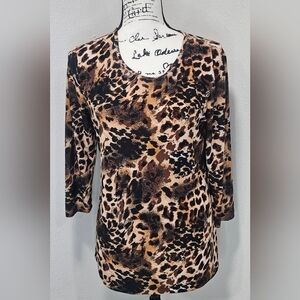 Bonnie Evans Women's Leopard Print 3/4 Sleeve Round Neck Poly Blouse Size Medium